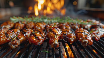 Succulent barbecued chicken wings cooking on an outdoor grill with flames and herbs