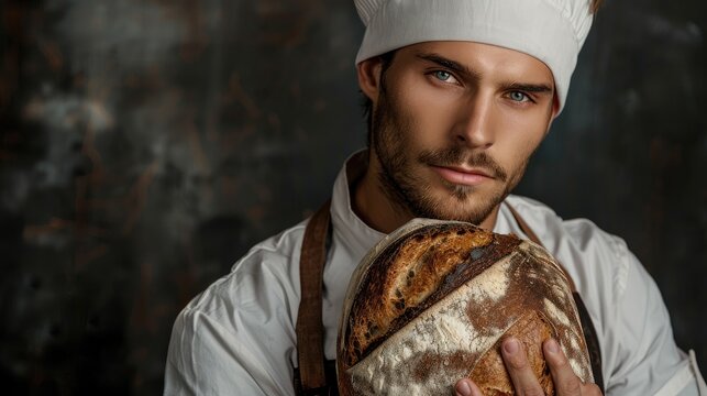 Male baker posing with a loaf of bread and making eye contact isolated on black background
