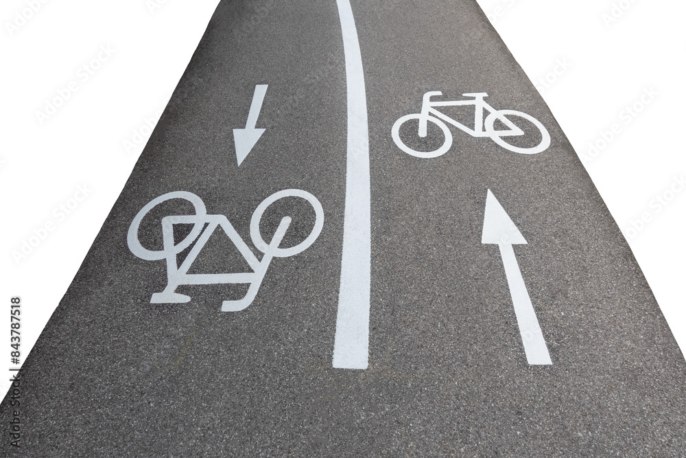 Bicycle lane signs with arrows in two directions on asphalt road ...