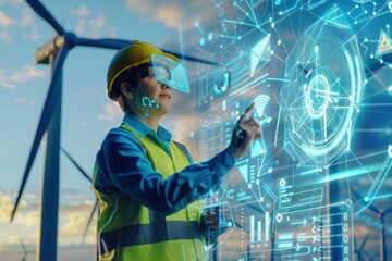 A maintenance engineer uses virtual reality technology to inspect wind turbines at a wind farm.