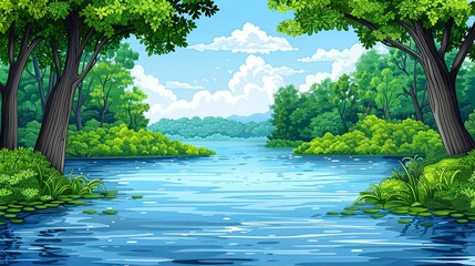 Sticker - A serene river scene with gently flowing water, surrounded by lush greenery, symbolizing the continuous flow of peace and contentment. Clipart illustration style, clean, Minimal,