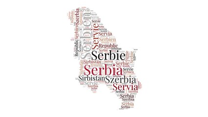 Wall Mural - Serbia shape words animation. Serbia boundary filled with country names animated. Country opening, intro, presentation video.