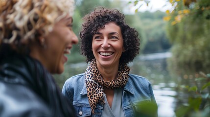 A closeup shot of two women smiling and talking to each other by the river