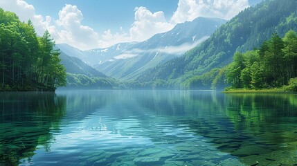 Sticker - A tranquil mountain lake scene with clear, reflective water, surrounded by lush greenery and the beauty of untouched nature, representing peace and serenity. Clipart illustration style, clean,