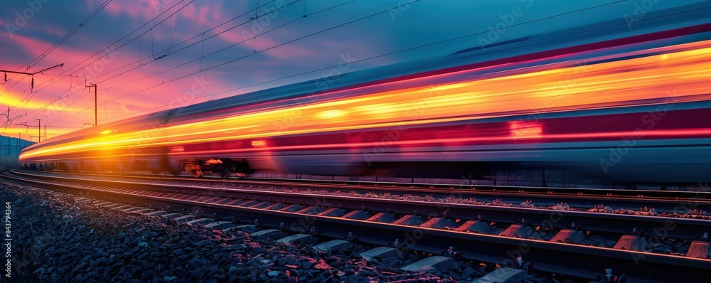 High-speed train rushing along the railway tracks at sunset, capturing ...