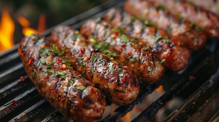 Wall Mural - Delicious looking sausages with seasonings barbecue on a grill, enhanced by the natural flames