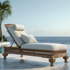 Wall Mural - frontal view reclining deck chair, stylish dark wood finish, plush beige cushions, intricate detailing, set on a sun-soaked patio with a Mediterranean sea view.