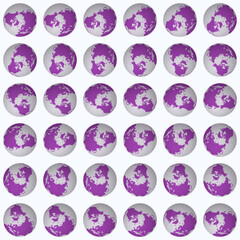 Poster - Collection of globes. North pole sphere view. Rotation step 10 degrees. Solid color style. World map with graticule lines on luminosity background. Decent vector illustration.
