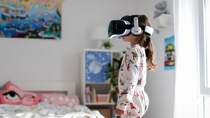 a small child girl wearing a vr headset and her pyjamas, standing in the middle of bedroom