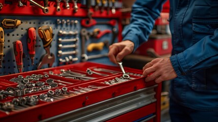 close up of hands reaching into red tool box with various tools inside, mechanic's hand holding wrench and other gadgets in the background, red metal sheet is on top of cabinet