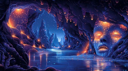 Sticker - An enchanted cave with walls covered in glowing, bioluminescent fungi, underground lakes with crystal-clear water, and hidden chambers filled with ancient treasures and magical artifacts. Clipart