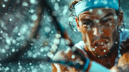 Wall Mural - A close-up shot of a tennis player executing a powerful forehand swing, sweat flying off their face.