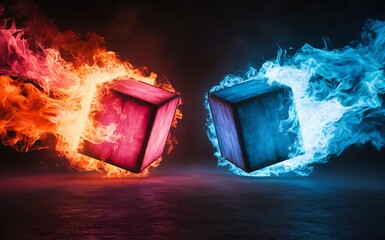 two glowing, contrasting cubes surrounded by vibrant pink and blue flames on a dark background, 