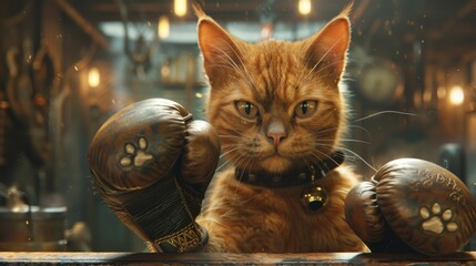 Wall Mural - A determined ginger cat stands tall on a platform, fists clenched in boxing gloves decorated with tiny paw prints, staring down an unseen villain.