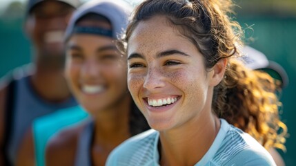 Sticker - A diverse group of tennis players laughing together after a practice session, showcasing the social aspect of the sport.