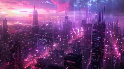 Wall Mural - A futuristic cityscape with buildings connected by a network of glowing lines, signifying a technologically advanced society.