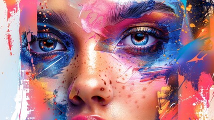 Wall Mural - Vibrant Abstract Portrait of a Woman with Colorful Artistic Face Paint, Expressive Eyes, and Dynamic Brush Strokes, Showcasing Creativity, Art, and Modern Aesthetic in a Bold and Captivating Style