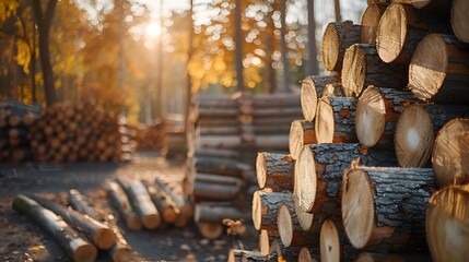 Wall Mural - Defocused Timber Yard with Stacks of Logs and Ample Copy Space