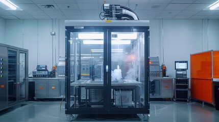 Wall Mural - A hydrogen fuel cell prototype undergoing a stress test in a specialized testing chamber.