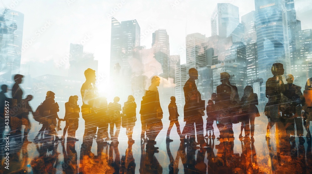 Double exposure image of many business people conference group meeting ...
