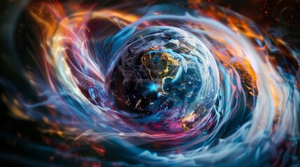 Poster - A mesmerizing digital painting portraying 5G communication waves swirling around the globe, resembling a mesmerizing vortex of energy.