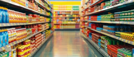 A well-stocked supermarket aisle filled with a variety of packaged goods and groceries, showcasing the abundance and organization of modern retail stores.