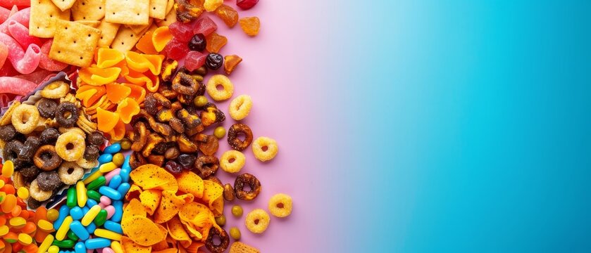 Colorful assortment of various snacks and cereals against a gradient background. Ideal for food themes and advertisements.