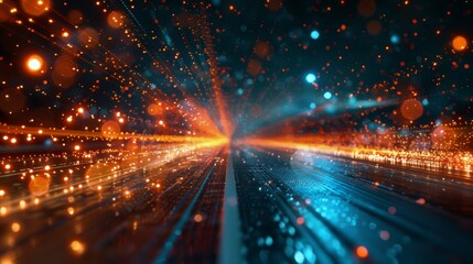 Wall Mural - A network of glowing dots streaks across a dark background, creating a sense of speed and movement.