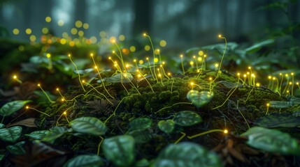 A network of glowing wires emerges from a bed of moss and leaves, symbolizing the integration of technology with nature