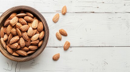 Wall Mural - Almond nuts arranged in a bowl on a vintage white wooden surface