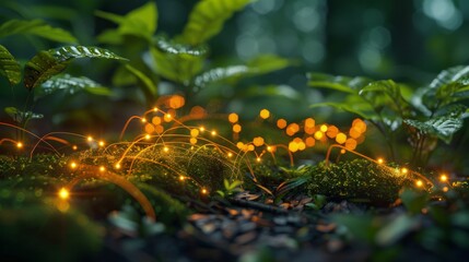 Wall Mural - A network of glowing wires emerges from a bed of moss and leaves, symbolizing the integration of technology with nature