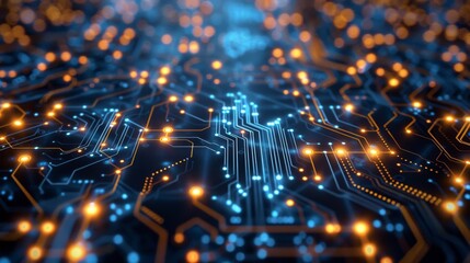 A network of lines forms a circuit board pattern, with glowing dots representing data processing centers.