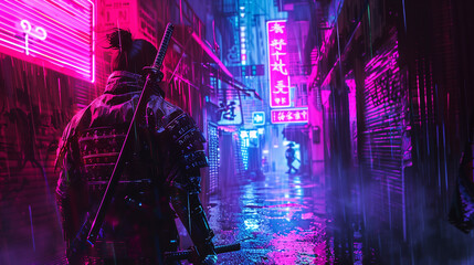 Wall Mural - cyberpunk samurai walking through a neon alley, futuristic urban setting, vibrant colors, rain