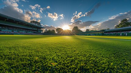 Wall Mural - A panoramic shot of a picturesque grass court at Wimbledon bathed in afternoon sunlight.