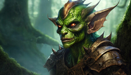 Green goblin fantasy portrait n the dark woods, illustration.