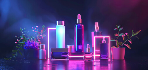 Modern luxury skincare products with neon lighting, purple gradient background, and decorative plants, perfect for beauty and cosmetics themes.