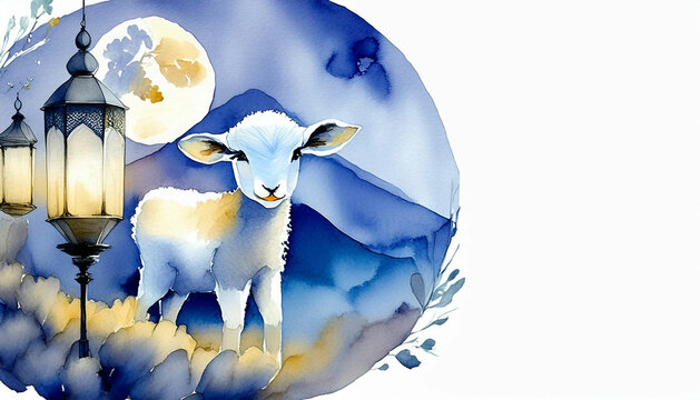 Eid al adha Illustration of a lamb on watercolor background with mountain, lantern, and moon in the background with copy space