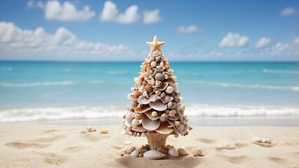 Wall Mural - A small seashell Christmas tree on the beach with copy space, perfect for holiday greeting cards or tropical-themed holiday promotions.