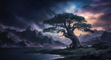 A towering mountain range dominates the background, with a lone, twisted tree growing out of a rocky cliff.