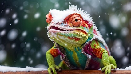 Wall Mural - Happy chameleon rejoices in first snow.