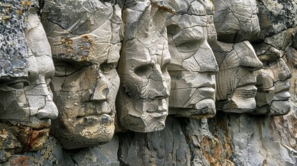Wall Mural - a collection of stone faces each one seemingly carved from the natural rock formations.