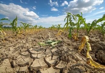 Wall Mural - A dry and cracked earth with stunted crops struggling to grow