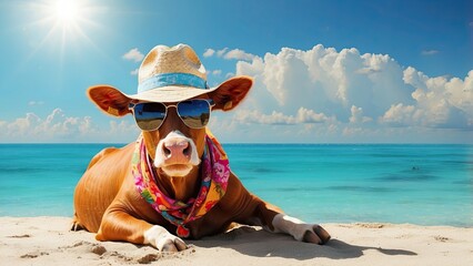 Wall Mural - Relaxing cow with sun hat and sunglasses on beach.