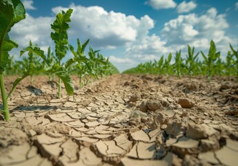 Wall Mural - A dry and cracked earth with stunted crops struggling to grow