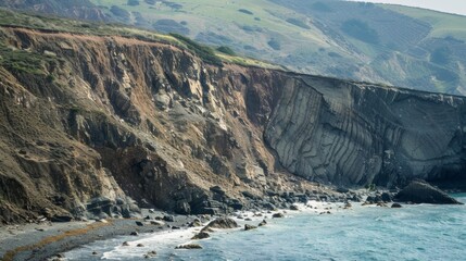 Wall Mural - a coastal cliff face that has been gradually eroded by landslides leaving behind a rugged and precar
