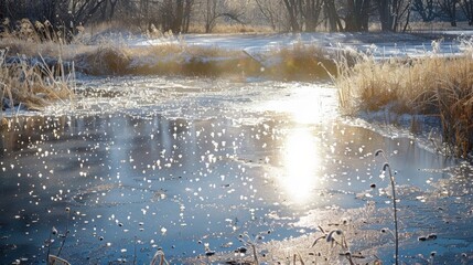 Wall Mural - a shallow pond glistens in the sunlight its surface covered in a thin layer of ice that will soon me