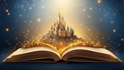 Wall Mural - fairytale mystical open book with castle and golden sparkles wide banner design for headers with copy space area