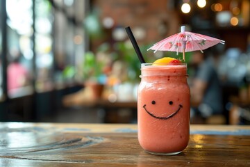 a close-up of a pink fruit smoothie in a mason jar with a straw and a tiny pink umbrella.