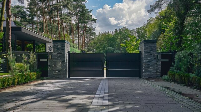 Automated front sliding gate in contemporary villa