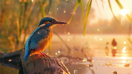 Wall Mural - An adult female Common kingfisher fishing at sunset Alcedo atthis